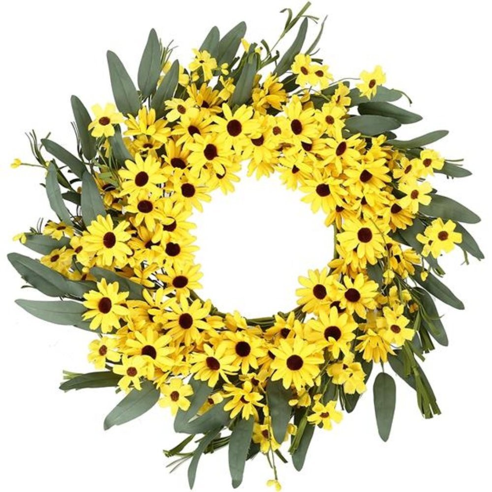 Yellow Spring Sunflower Daisy Wreath with Yellow Pip Berries and Green Leaves